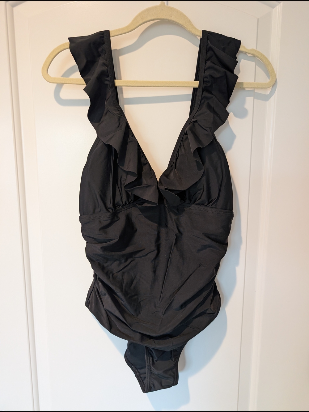 Black Ruffle V-Neck One-Piece Swimsuit